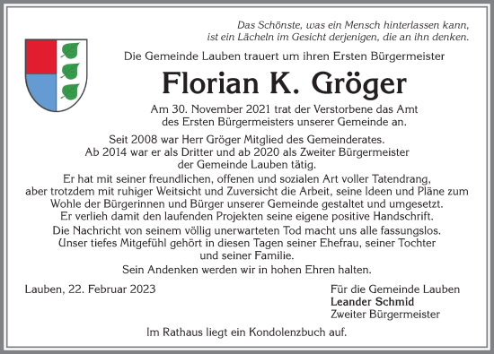 Traueranzeige von Florian Gröger von Allgäuer Zeitung,Kempten