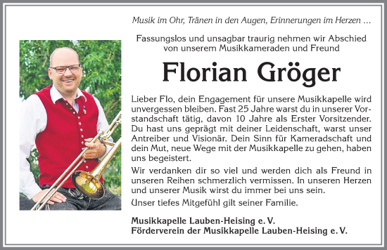 Traueranzeige von Florian Gröger von Allgäuer Zeitung,Kempten