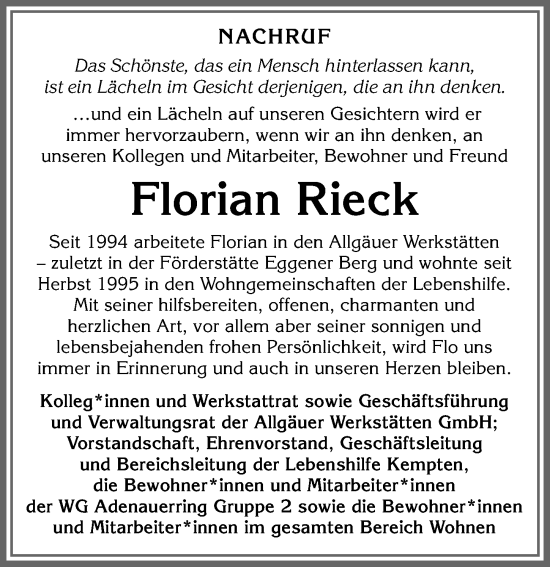 Traueranzeige von Florian Rieck von Allgäuer Zeitung,Kempten