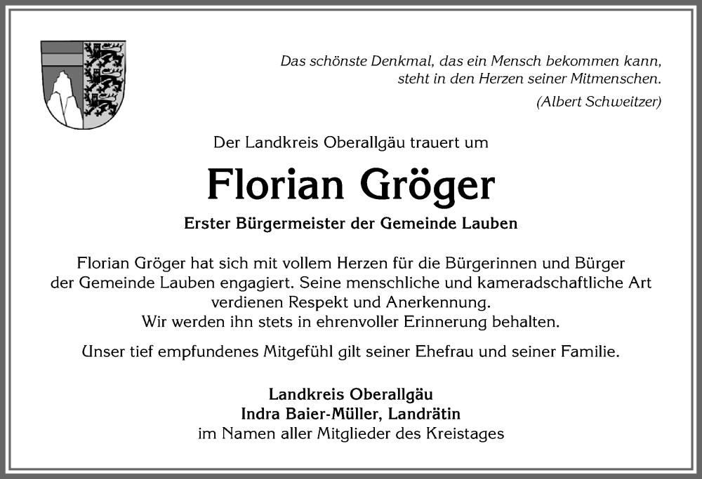  Traueranzeige für Florian Kaspar Gröger vom 22.02.2023 aus Allgäuer Zeitung,Kempten