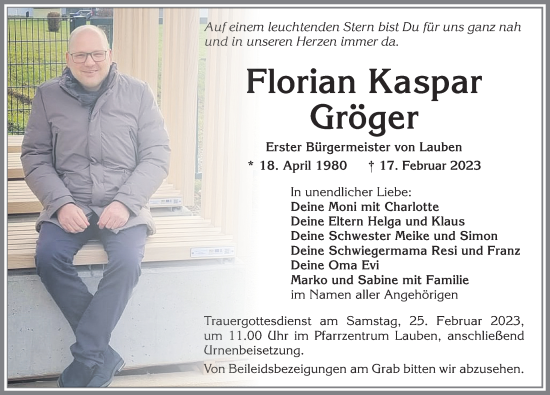Traueranzeige von Florian Kaspar Gröger von Allgäuer Zeitung,Kempten