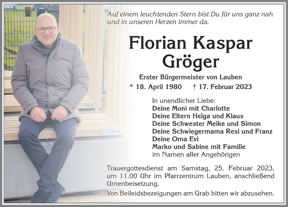  Traueranzeige für Florian Kaspar Gröger vom 22.02.2023 aus Allgäuer Zeitung,Kempten