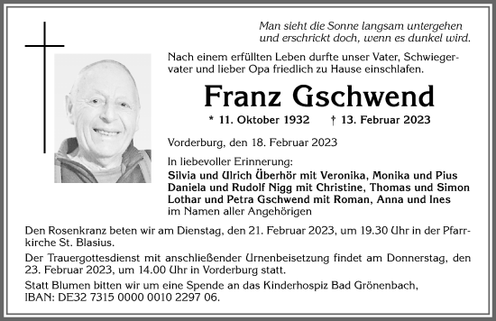 Traueranzeige von Franz Gschwend von Allgäuer Anzeigeblatt