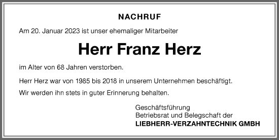 Traueranzeige von Franz Herz von Allgäuer Zeitung,Kempten