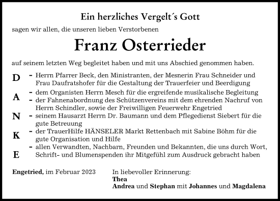 Traueranzeige von Franz Osterrieder von Memminger Zeitung