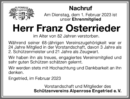 Traueranzeige von Franz Osterrieder von Memminger Zeitung