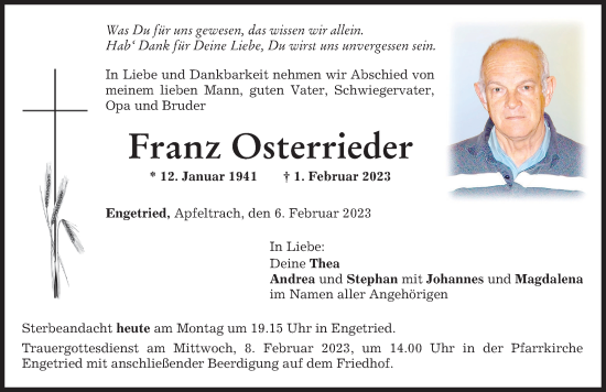Traueranzeige von Franz Osterrieder von Memminger Zeitung
