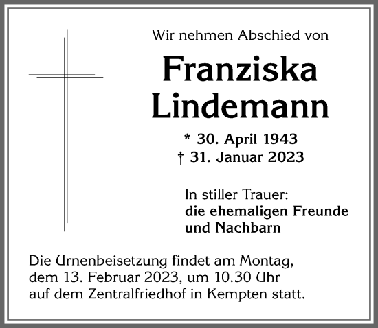 Traueranzeige von Franziska Lindemann von Allgäuer Zeitung,Kempten