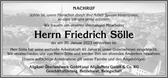 Traueranzeige von Friedrich Sölle von Allgäuer Anzeigeblatt