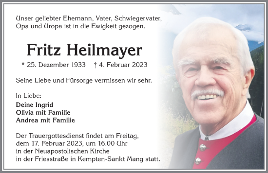 Traueranzeige von Fritz Heilmayer von Allgäuer Zeitung,Kempten