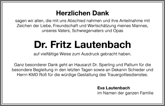 Traueranzeige von Fritz Lautenbach von Memminger Zeitung