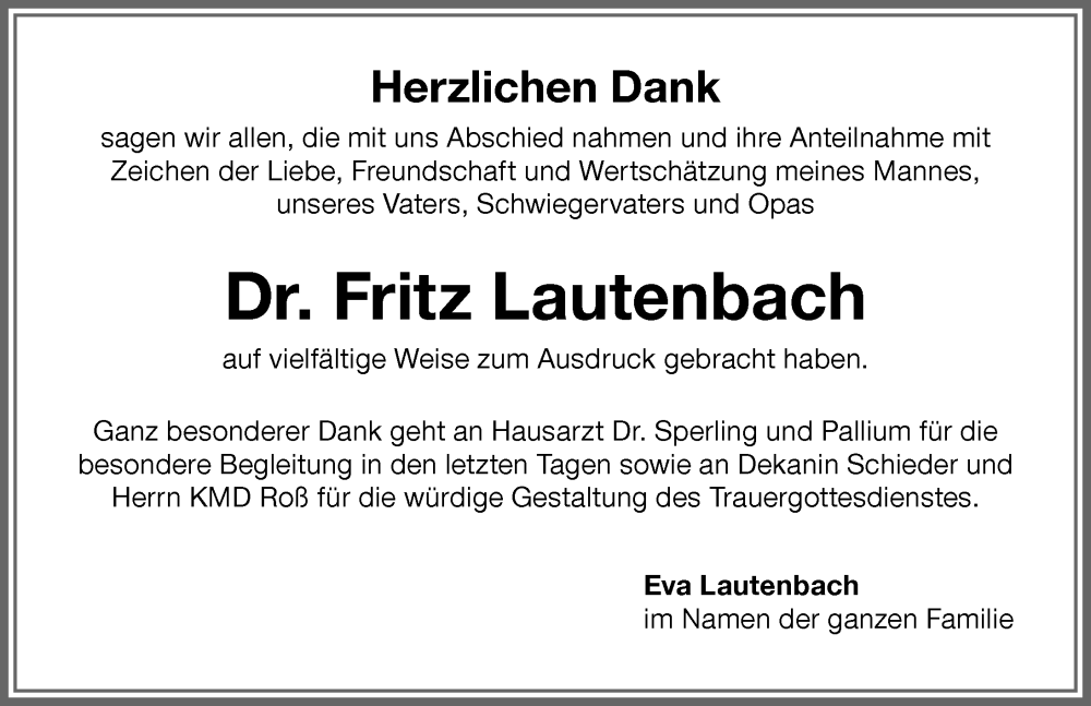  Traueranzeige für Fritz Lautenbach vom 18.02.2023 aus Memminger Zeitung