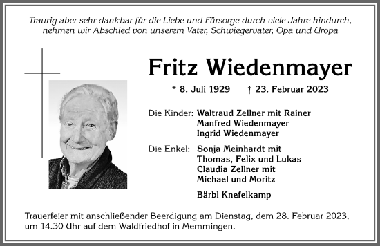Traueranzeige von Fritz Wiedenmayer von Memminger Zeitung