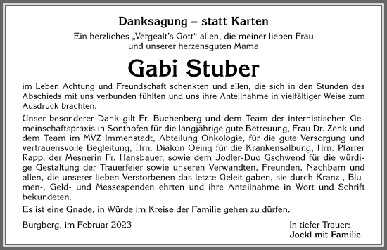 Traueranzeige von Gabi Stuber von Allgäuer Anzeigeblatt