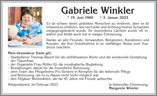 Traueranzeige von Gabriele Winkler von Allgäuer Zeitung,Kempten