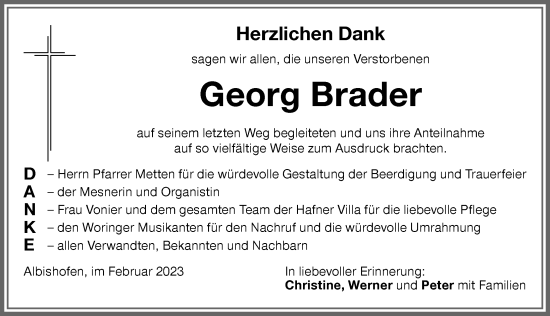 Traueranzeige von Georg Brader von Memminger Zeitung