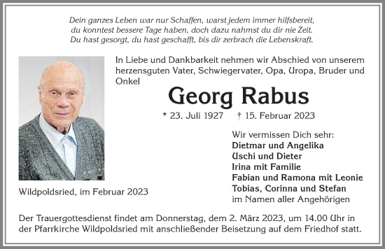 Traueranzeige von Georg Rabus von Memminger Zeitung