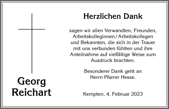 Traueranzeige von Georg Reichart von Allgäuer Zeitung,Kempten
