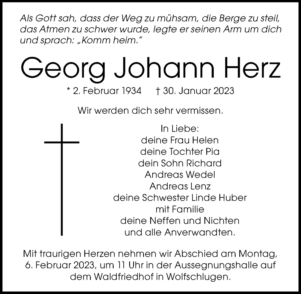  Traueranzeige für Georg Johann Herz vom 03.02.2023 aus Memminger Zeitung