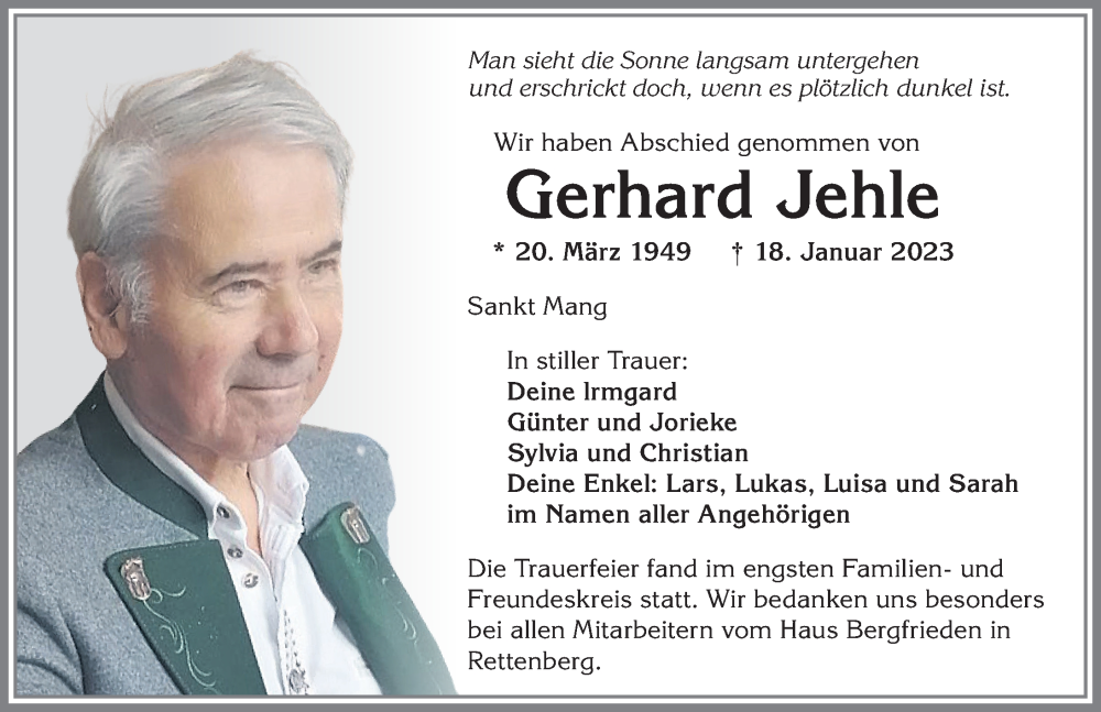  Traueranzeige für Gerhard Jehle vom 04.02.2023 aus Allgäuer Zeitung,Kempten