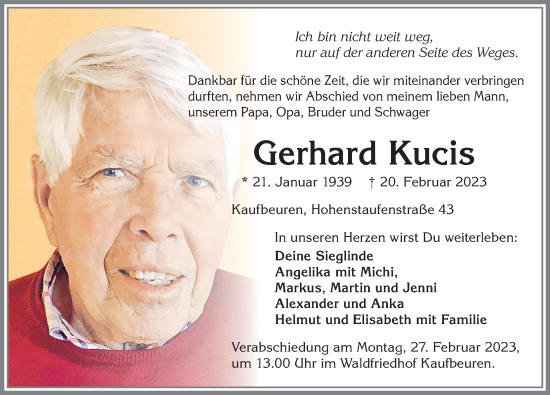 Traueranzeige von Gerhard Kucis von Allgäuer Zeitung, Kaufbeuren/Buchloe