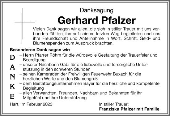 Traueranzeige von Gerhard Pfalzer von Memminger Zeitung