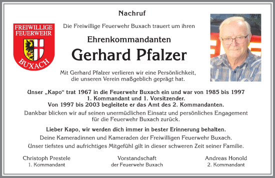 Traueranzeige von Gerhard Pfalzer von Memminger Zeitung