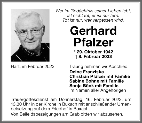 Traueranzeige von Gerhard Pfalzer von Memminger Zeitung