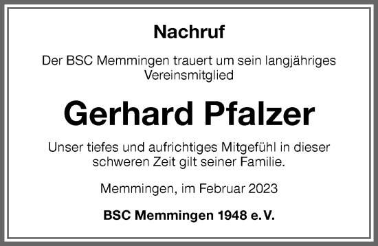 Traueranzeige von Gerhard Pfalzer von Memminger Zeitung