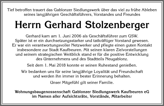 Traueranzeige von Gerhard Stolzenberger von Allgäuer Zeitung, Kaufbeuren/Buchloe