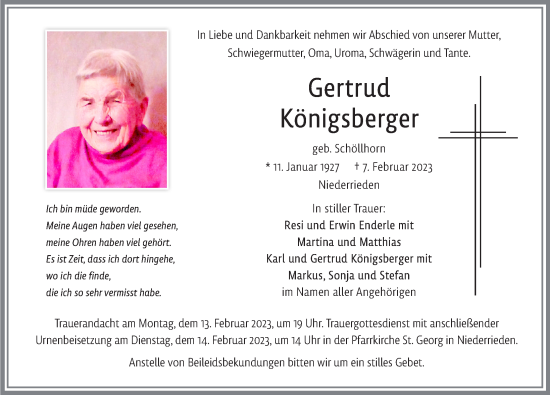 Traueranzeige von Gertrud Königsberger von Memminger Zeitung