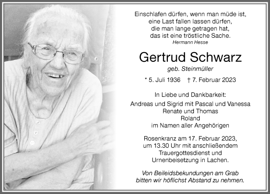 Traueranzeige von Gertrud Schwarz von Memminger Zeitung