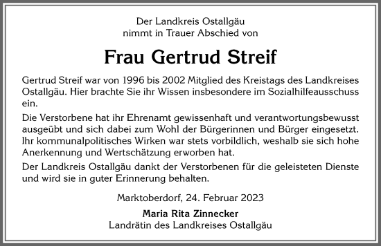 Traueranzeige von Gertrud Streif von Allgäuer Zeitung, Marktoberdorf