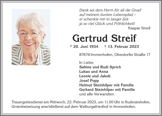 Traueranzeige von Gertrud Streif von Allgäuer Zeitung, Marktoberdorf