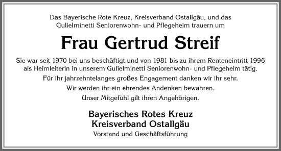 Traueranzeige von Gertrud Streif von Allgäuer Zeitung, Marktoberdorf