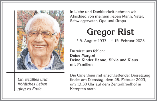 Traueranzeige von Gregor Rist von Allgäuer Zeitung,Kempten