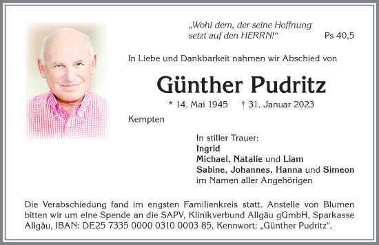 Traueranzeige von Günther Pudritz von Allgäuer Zeitung,Kempten