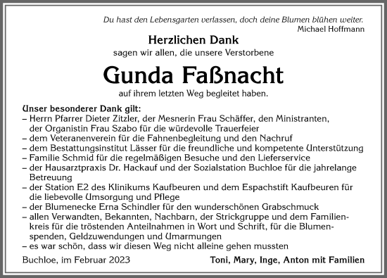 Traueranzeige von Gunda Faßnacht von Allgäuer Zeitung, Kaufbeuren/Buchloe