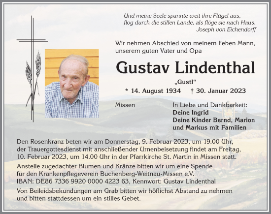 Traueranzeige von Gustav Lindenthal von Allgäuer Anzeigeblatt