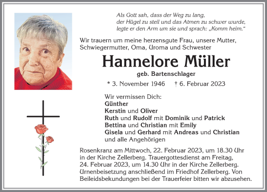 Traueranzeige von Hannelore Müller von Allgäuer Zeitung, Kaufbeuren/Buchloe