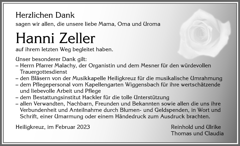  Traueranzeige für Hanni Zeller vom 04.02.2023 aus Allgäuer Zeitung,Kempten
