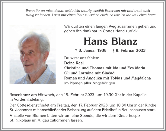 Traueranzeige von Hans Blanz von Allgäuer Anzeigeblatt