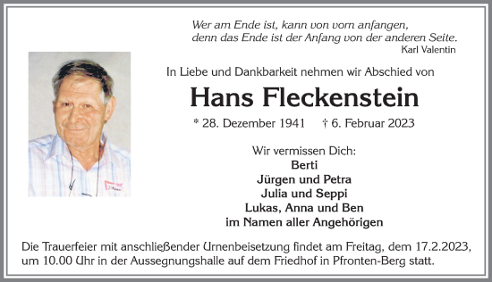 Traueranzeige von Hans Fleckenstein von Allgäuer Zeitung, Füssen