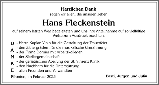 Traueranzeige von Hans Fleckenstein von Allgäuer Zeitung, Füssen