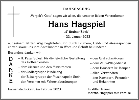 Traueranzeige von Hans Hagspiel von Allgäuer Anzeigeblatt