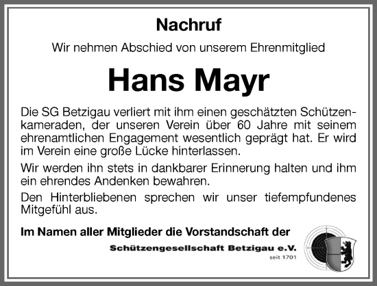 Traueranzeige von Hans Mayr von Allgäuer Zeitung,Kempten