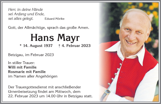 Traueranzeige von Hans Mayr von Allgäuer Zeitung,Kempten