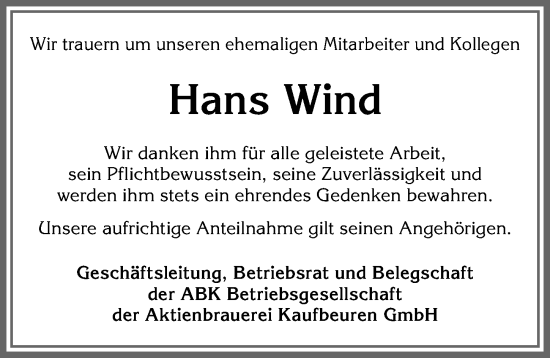 Traueranzeige von Hans Wind von Allgäuer Zeitung, Kaufbeuren/Buchloe
