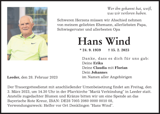 Traueranzeige von Hans Wind von Augsburger Allgemeine, Landsberger Tagblatt