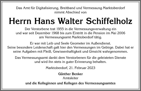 Traueranzeige von Hans Walter Schiffelholz von Allgäuer Zeitung, Marktoberdorf